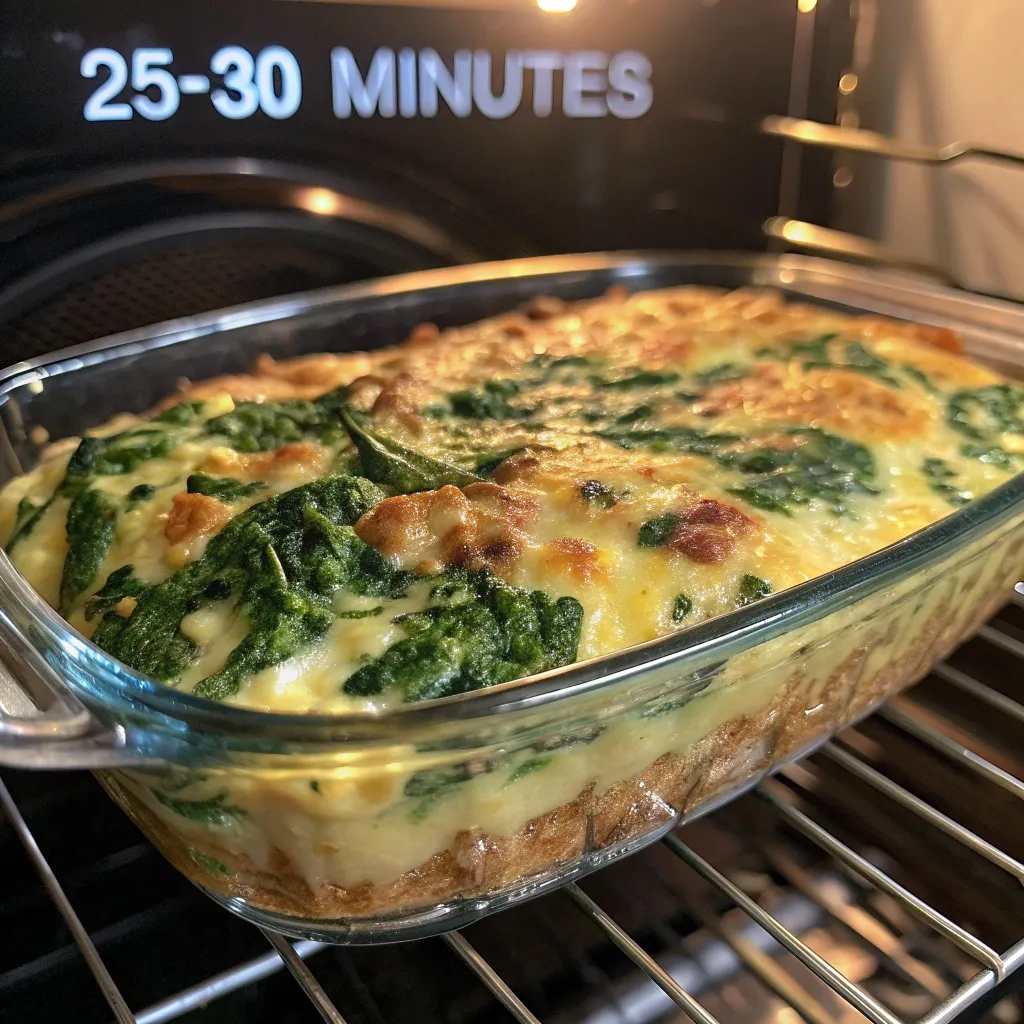 Instructions for a Perfect spinach and egg casserole : Bake for 25-30 minutes