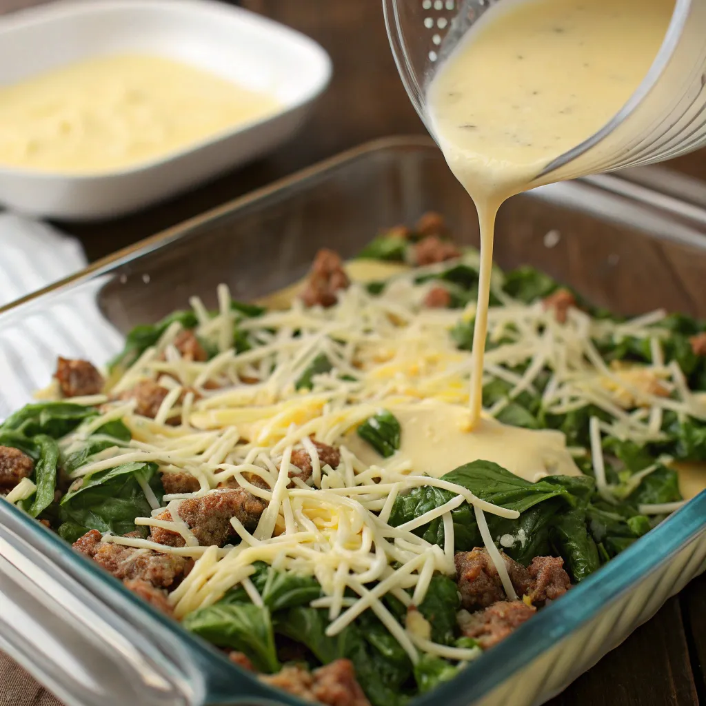 Instructions for a Perfect spinach and egg casserole : Combine spinach, cheese, and sausage