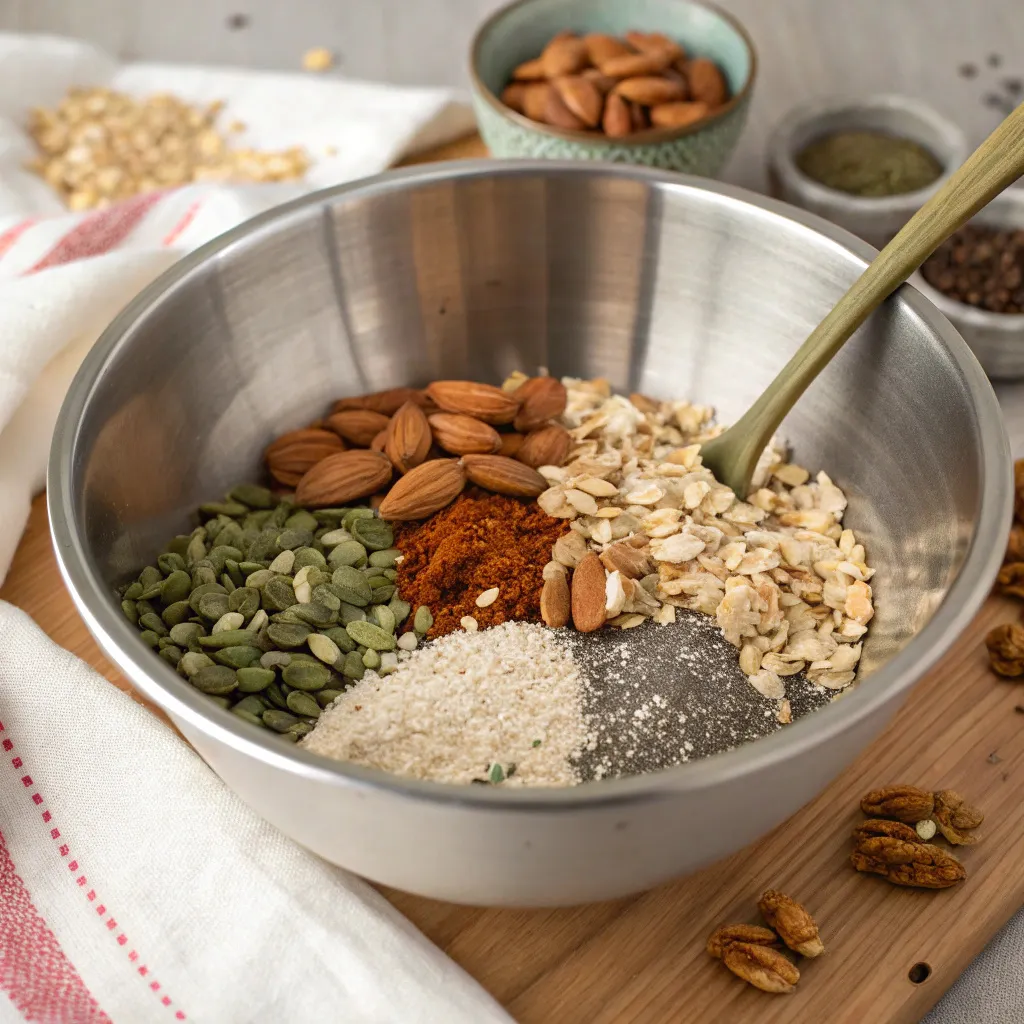 Instructions for 11 Madison Park Granola Recipe : Combine oats, nuts, seeds, and cinnamon in a large bowl