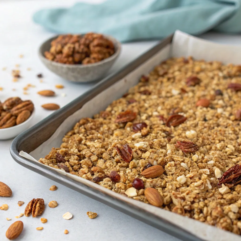 Instructions for 11 Madison Park Granola Recipe : Spread the mixture evenly on a baking sheet