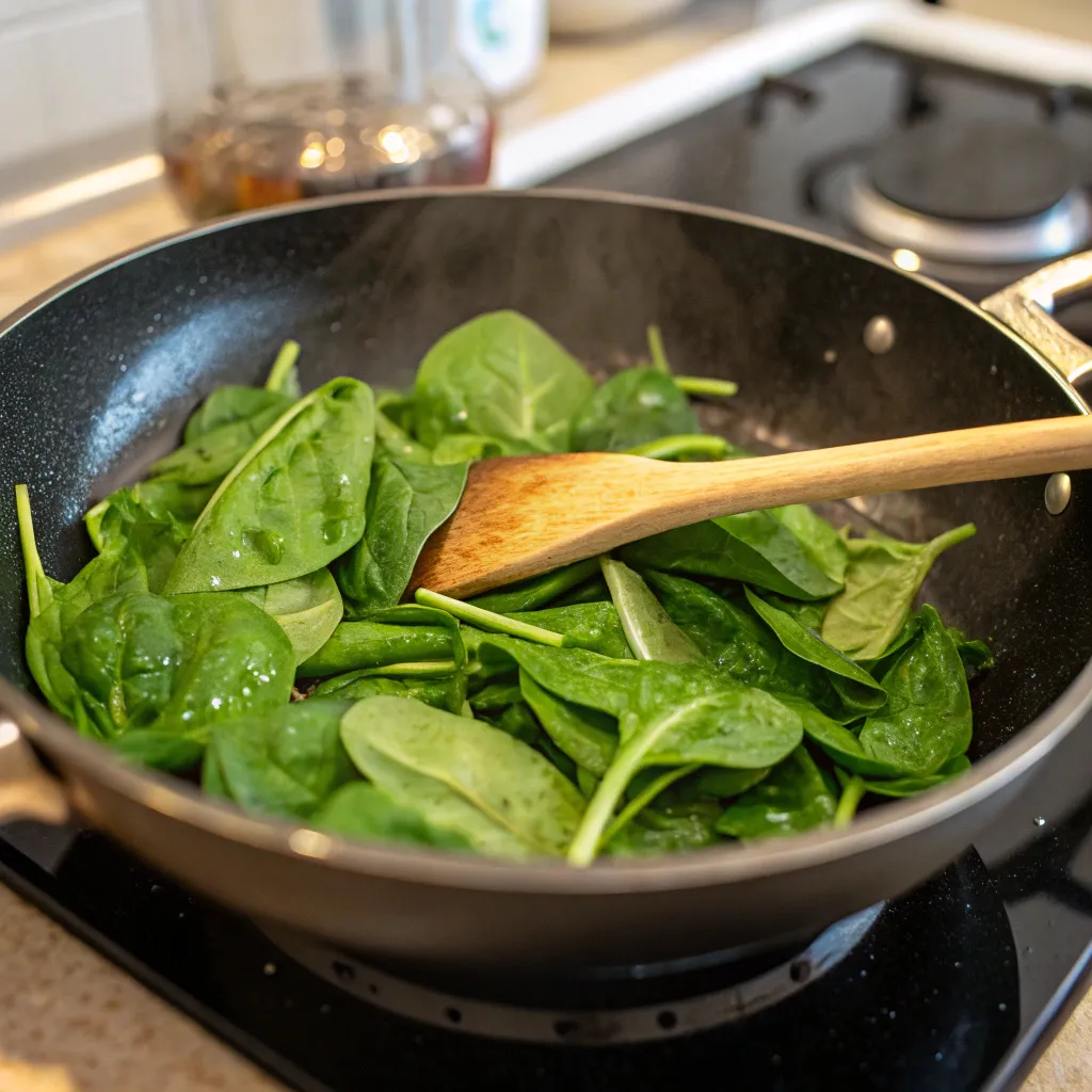 Instructions for a Perfect spinach and egg casserole : Sauté the spinach