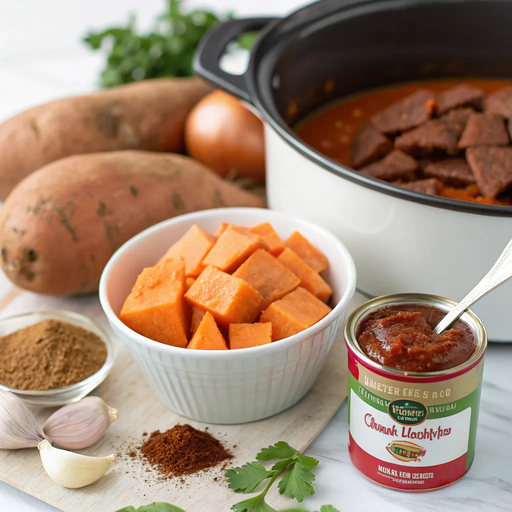 Ingredients for Slow-Cooker Sweet Potato Chocolate Mole Soup