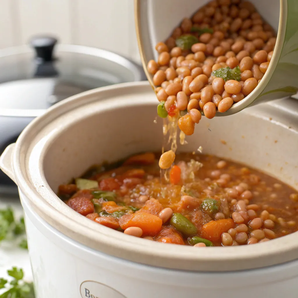 Instructions for Simple Vegetarian Slow-Cooked Beans : Add Beans and Broth