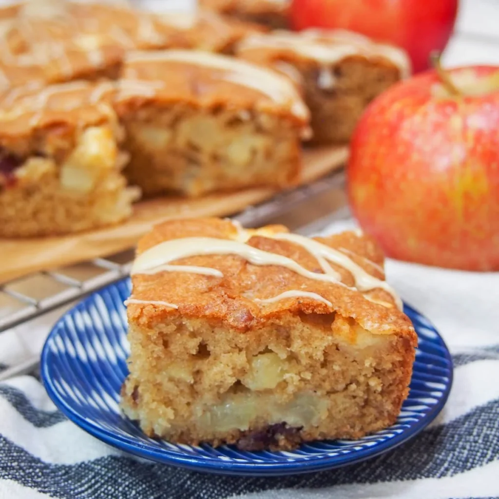 Delicious homemade apple snack cake with cinnamon and chunks of apple