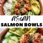 Asian Protein Salmon Bowl served with coconut rice, garnished with vegetables.