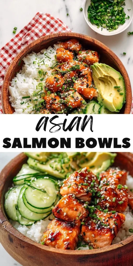 Asian Protein Salmon Bowl served with coconut rice, garnished with vegetables.
