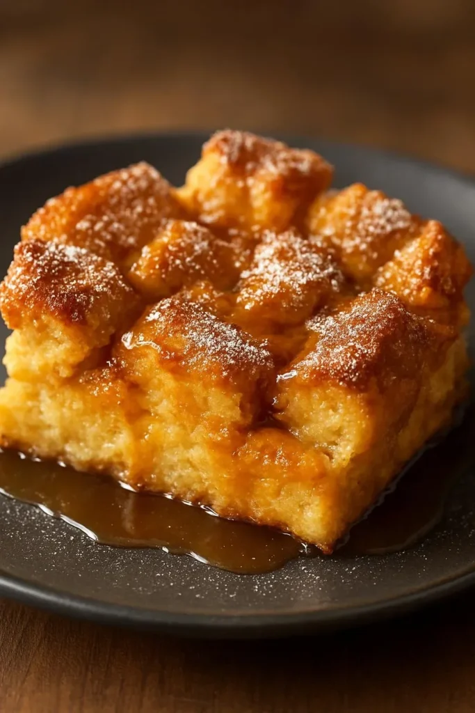 Delicious baked overnight French toast casserole topped with syrup and fruits.