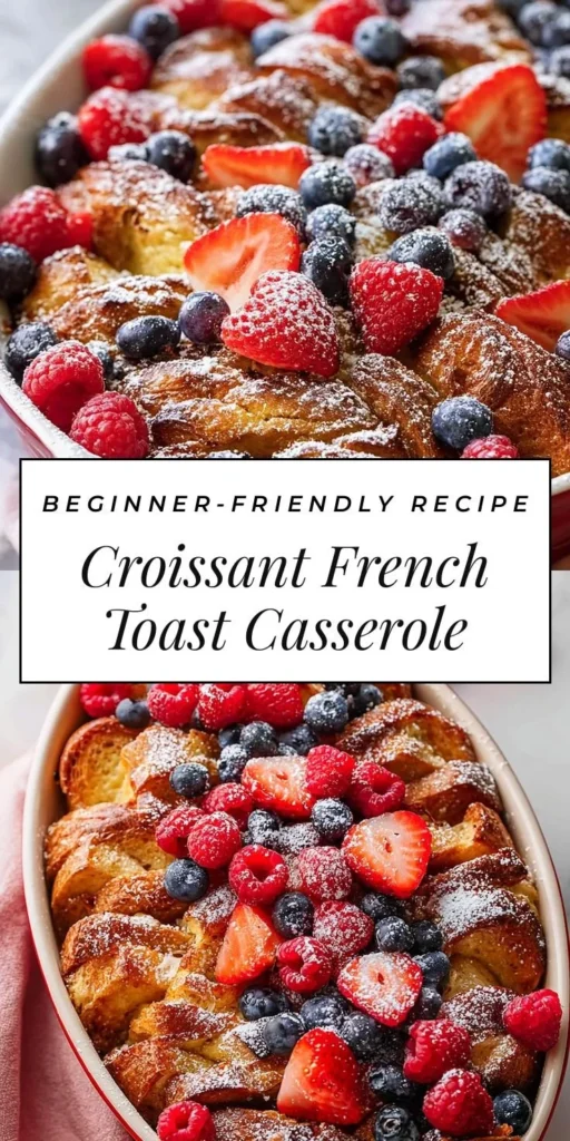 Delicious croissant French toast casserole baked with custard and topped with fruit.