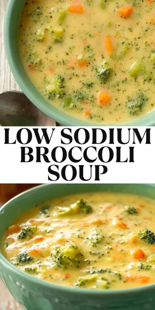 Healthy low sodium broccoli cheddar soup in a bowl with cheese and broccoli.