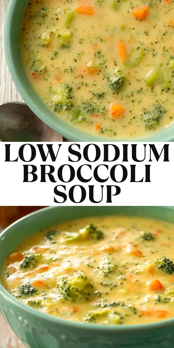 Healthy low sodium broccoli cheddar soup in a bowl with cheese and broccoli.