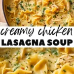 Bowl of creamy chicken lasagna soup garnished with herbs