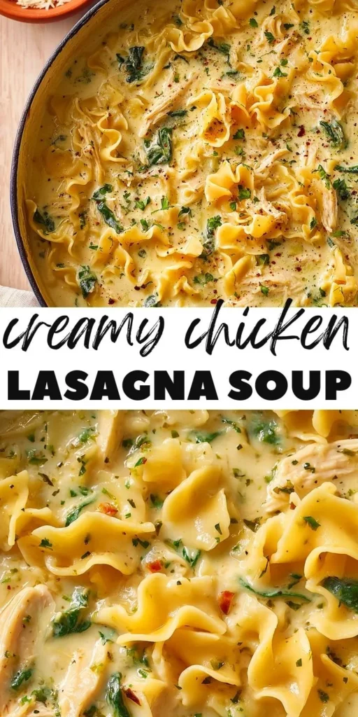 Bowl of creamy chicken lasagna soup garnished with herbs