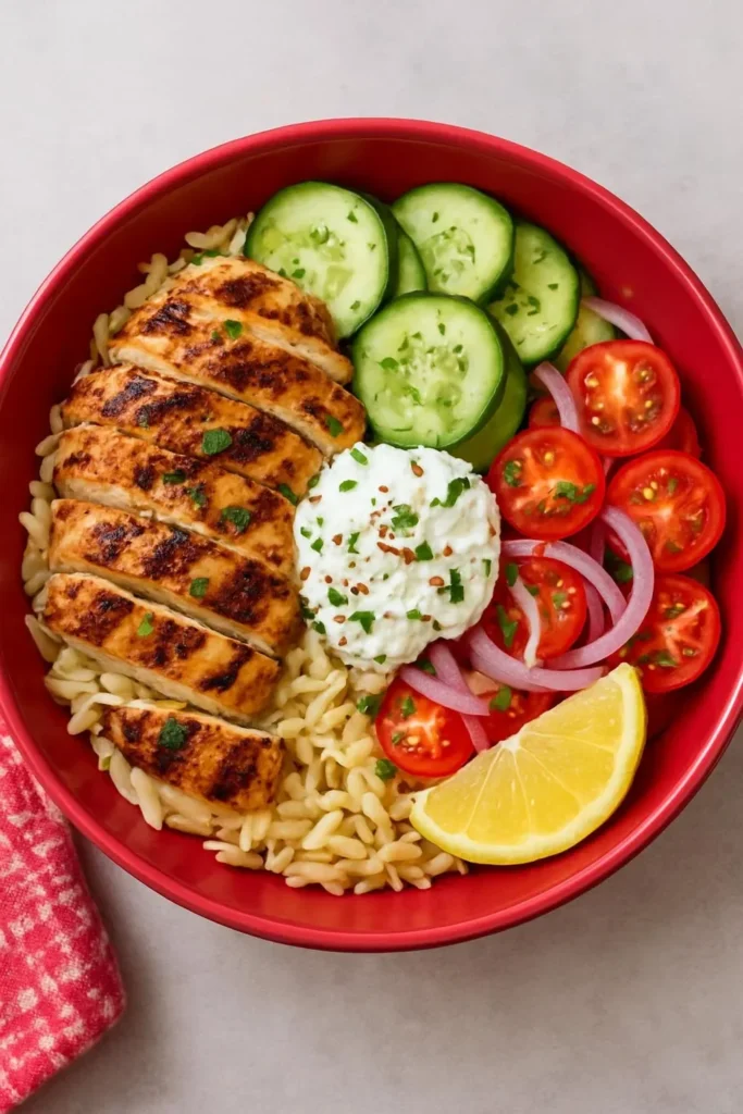 Delicious Greek Chicken Bowls filled with fresh ingredients and high protein