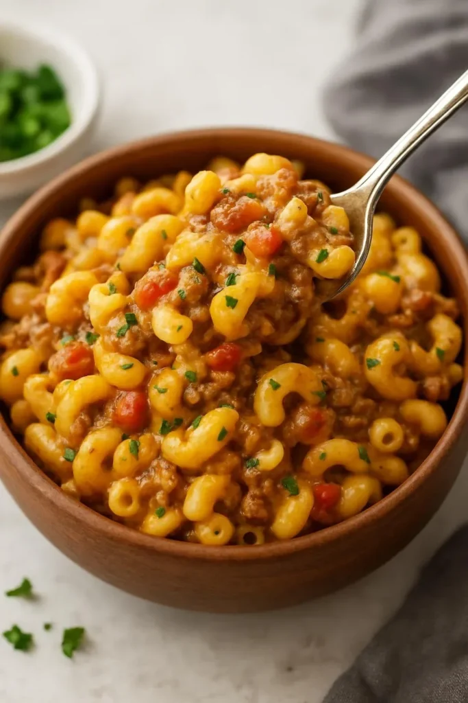 Delicious Ground Beef Crockpot Hamburger Helper in a bowl
