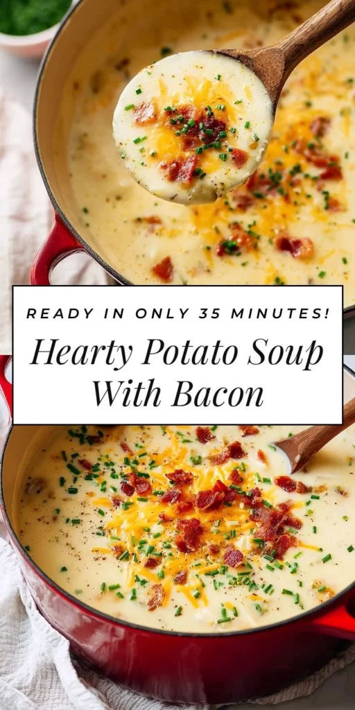 Hearty potato soup with bacon and sour cream in a bowl
