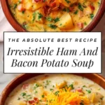 Bowl of irresistible ham and bacon potato soup garnished with herbs