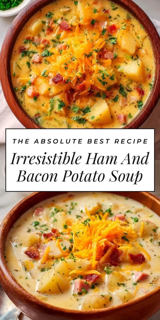 Bowl of irresistible ham and bacon potato soup garnished with herbs