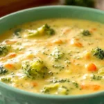 Low sodium broccoli cheddar soup in a bowl with broccoli florets