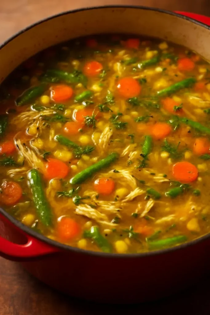 Bowl of nourishing chicken vegetable soup with colorful vegetables