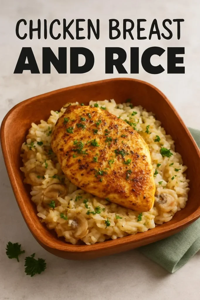 Delicious simple baked chicken breast served with fluffy rice