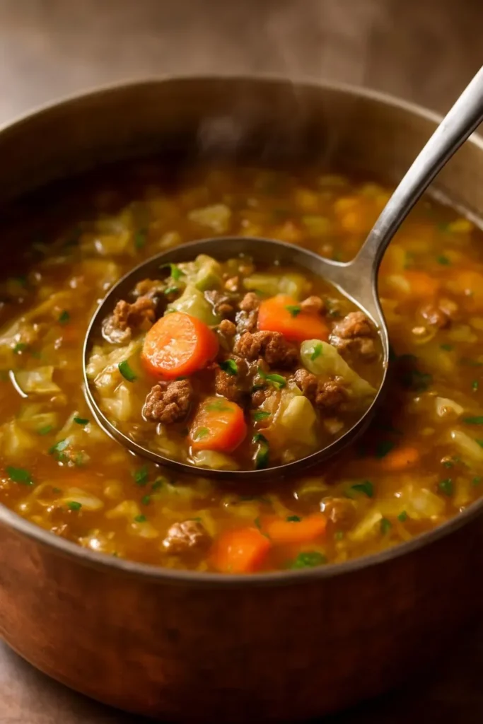 Bowl of hearty beef cabbage soup with ground beef and vegetables