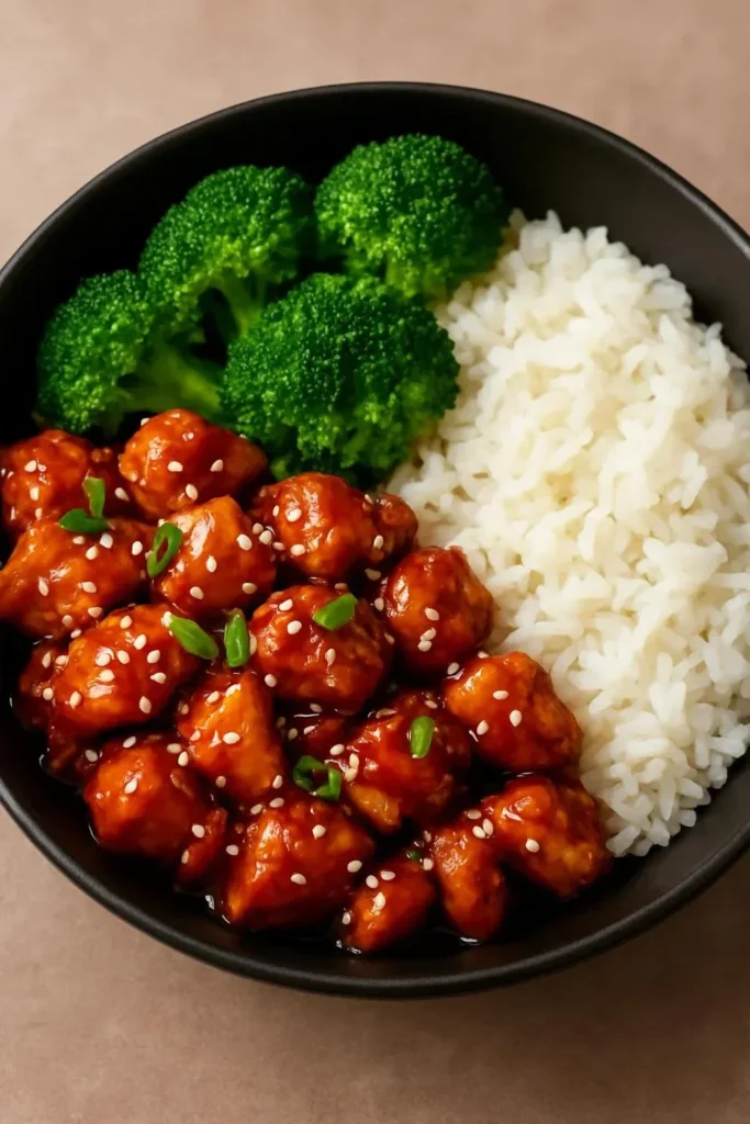 Sticky Teriyaki Chicken Bowl garnished with sesame seeds and green onions